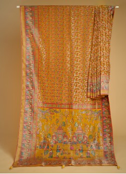 Mustard Yellow Embroidered Saree In Pashmina Silk