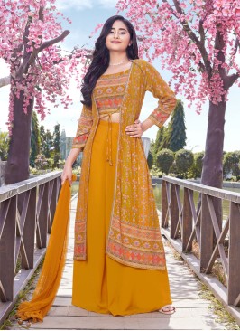 Mustard Yellow Embroidered Wedding Wear Palazzo Suit