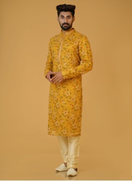 Mustard Yellow Printed And Mirror Work Kurta Pajama Set
