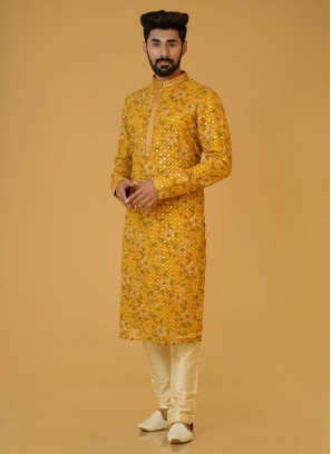 Mustard Yellow Printed And Mirror Work Kurta Pajama Set