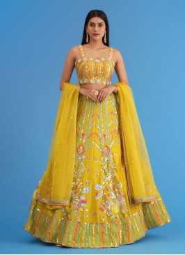 Mustard Yellow Silk Lehenga Choli With Antique Work