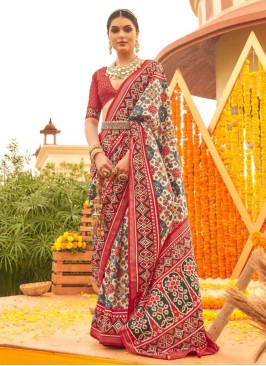 Mystic Beige & Red Patola Print Silk Saree