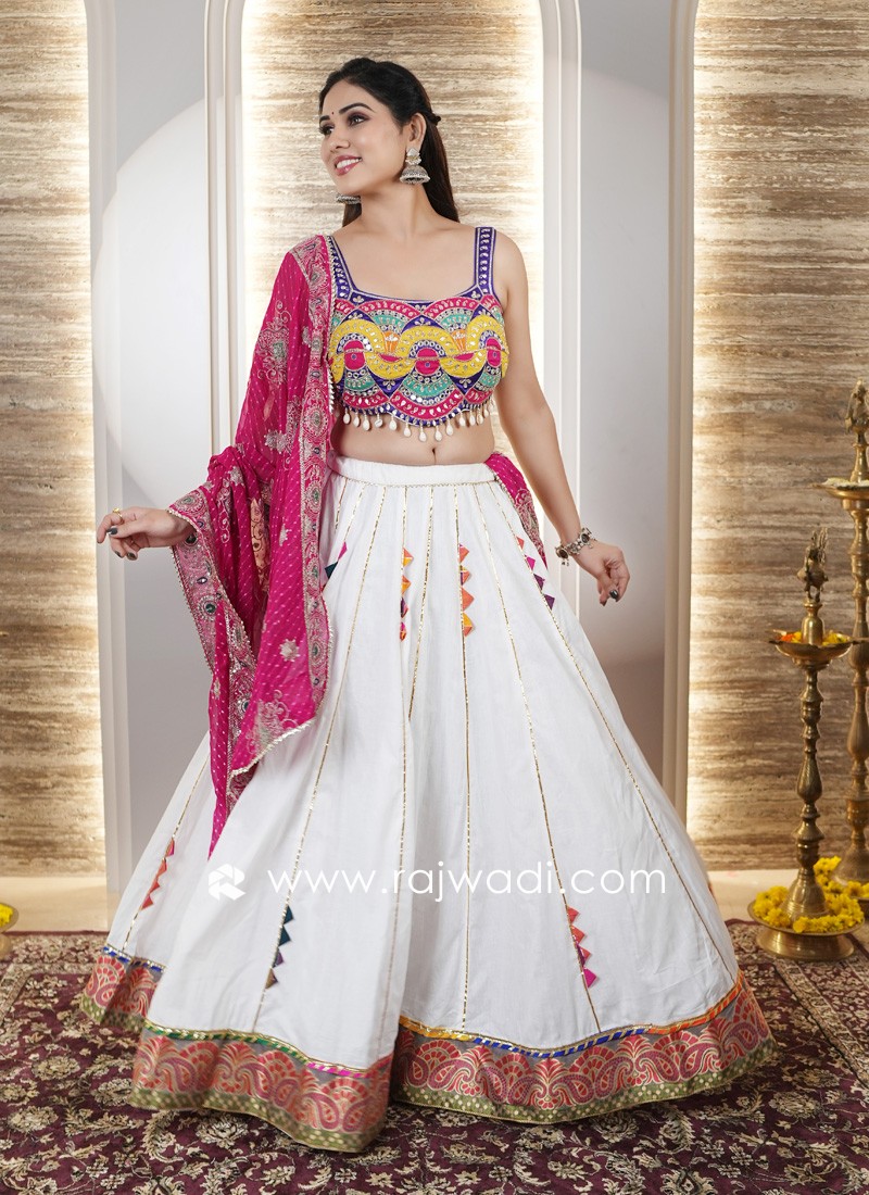 Navratri lehenga choli for women or girls white cotton mirror work gujarati chaniya choli hot indian ready to wear garba outfit