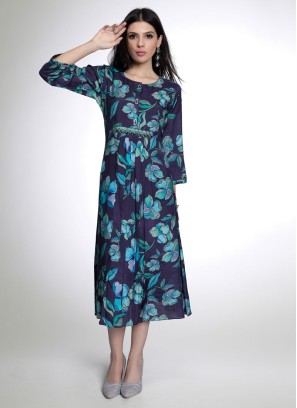 Navy Blue A-Line Kurti With Floral Print