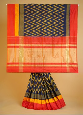 Navy Blue And Red Patola Saree In Pure Silk