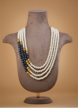Navy Blue And White Long Pearl Mala
