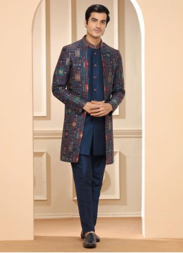 Navy Blue Art Silk Indowestern Set With Embroidered Detail