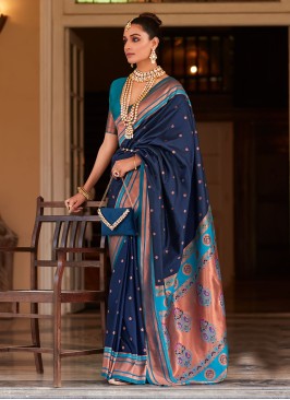 Designer Dark Blue Silk Weaving Embroidered Saree