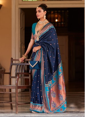 Designer Dark Blue Silk Weaving Embroidered Saree