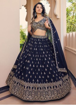 Navy Blue Color Chiffon Wedding Lehenga Choli