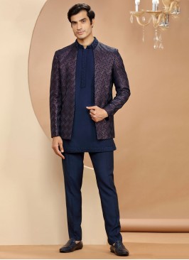 Navy Blue Embroidered Jacket Style Indowestern Set