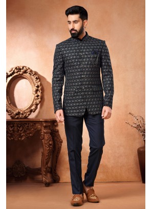 Navy Blue Embroidered Velvet Jodhpuri