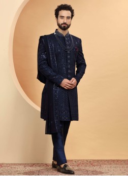 Navy Blue Festive Wear Embroidered Indowestern Set