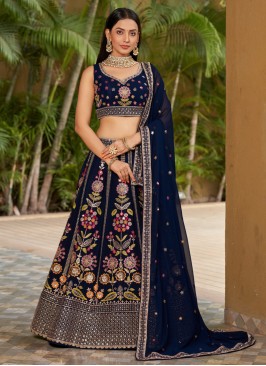 Navy Blue Georgette Embroidered Lehenga Choli