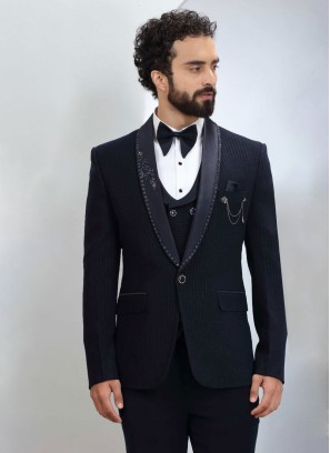 Navy Blue Imported Fabric Tuxedo Set With Embroidery