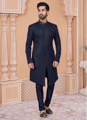 Navy Blue Indowestern In Jacquard Silk With Embroidery