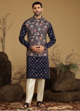 Navy Blue Jacket And Kurta Set With Thread Embroidered Work