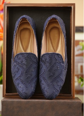 Navy Blue Jutti For Men In Art Silk With Embroidery