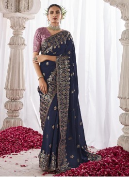 Navy Blue Kora Silk Designer Saree