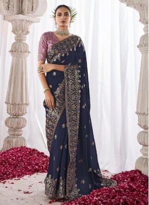 Dark Blue Ready to Wear Saree With Designer Choli