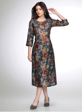 Navy Blue Kurti In Muslin Silk With Pink Floral Print