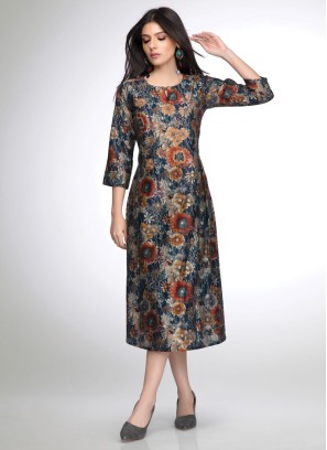 Navy Blue Kurti In Muslin Silk With Pink Floral Print