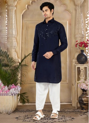 Navy Blue Pathani Kurta Set With Mirror Embroidered