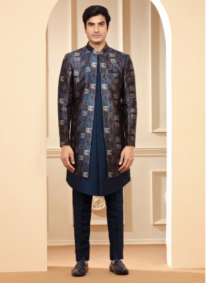 Navy Blue Printed Indowestern Set