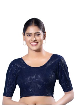 Navy Blue Readymade Blouse In Shimmer With Round Neckline