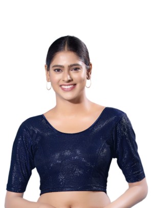 Navy Blue Readymade Blouse In Shimmer With Round Neckline