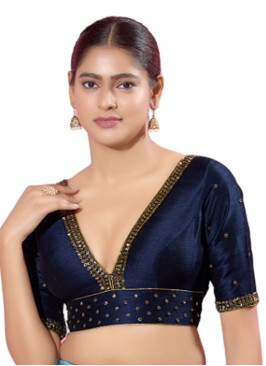 Navy Blue Readymade Blouse With Cutdana Work