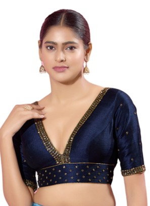 Navy Blue Readymade Blouse With Cutdana Work