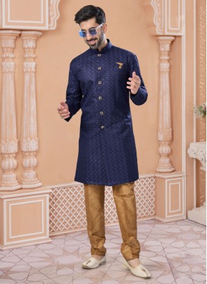 Navy Blue Sequins Embroidered Banglori Silk Indowestern Set