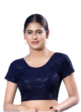 Navy Blue Short Sleeves Blouse In Shimmer With Round Neckline