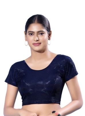 Navy Blue Short Sleeves Blouse In Shimmer With Round Neckline