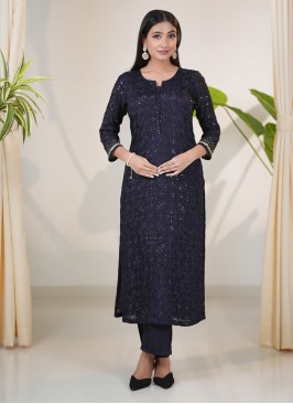 Navy Blue Silk Embroidered Kurti Set