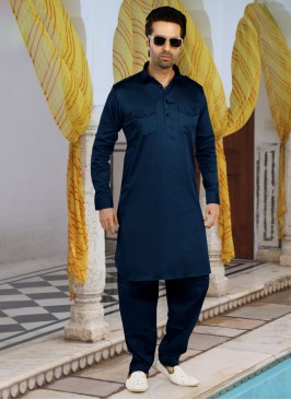 Navy Blue Slub Cotton Pathani Kurta Set