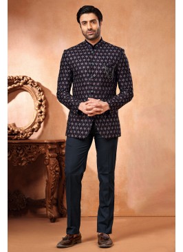 Navy Blue Thread Embroidered Velvet Jodhpuri Suit