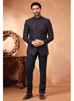 Navy Blue Thread Embroidered Velvet Jodhpuri