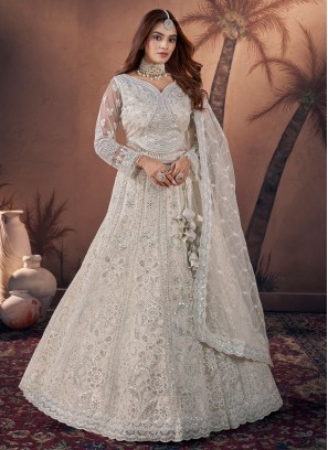 Wedding Wear Net Lehenga Choli In Off White