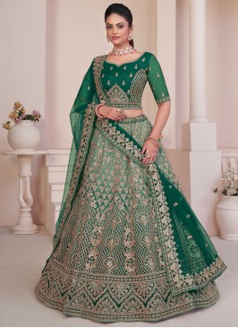 Green Designer Net Lehenga Choli With Dupatta