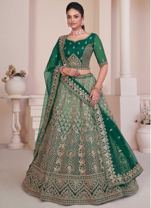 Green Designer Net Lehenga Choli With Dupatta