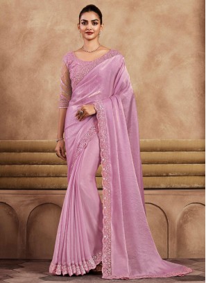 Pink Sequins Embellished Silk Saree