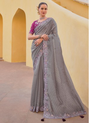 Grey Embroidered Classic Silk Saree