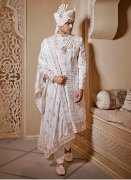 Off White Anarkali Style Embroidered Sherwani For Groom
