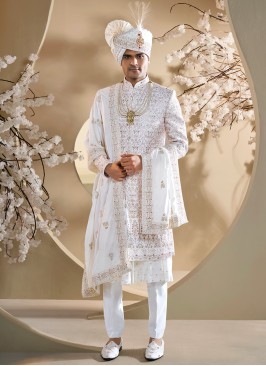 Off White Anarkali Style Embroidered Sherwani With Dupatta