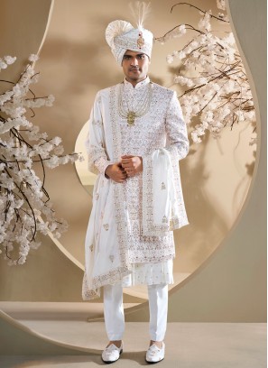 Off White Anarkali Style Embroidered Sherwani With Dupatta