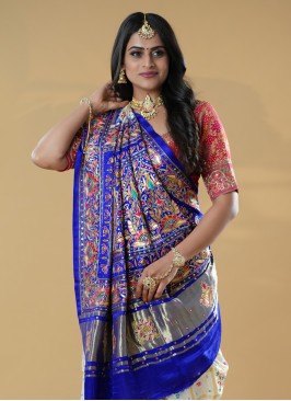 Off White And Blue Gajji Silk Gharchola Saree With