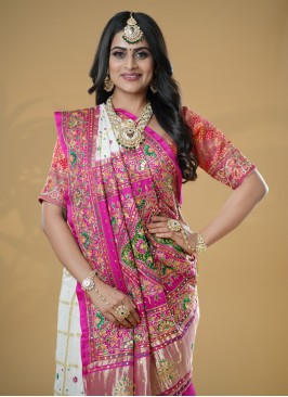 Off White And Pink Gajji Silk Gharchola Saree With Unstitched Blouse