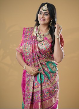 Off White And Pink Traditional Gharchola Saree In Gaji Silk